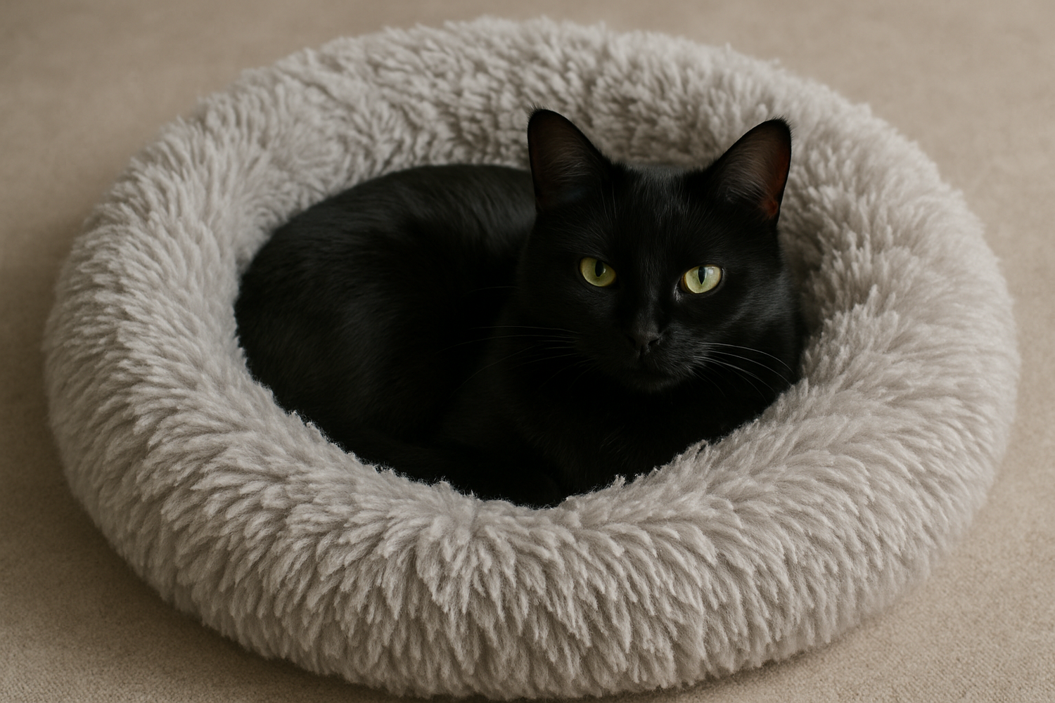 black cat laying in round fluffy bed