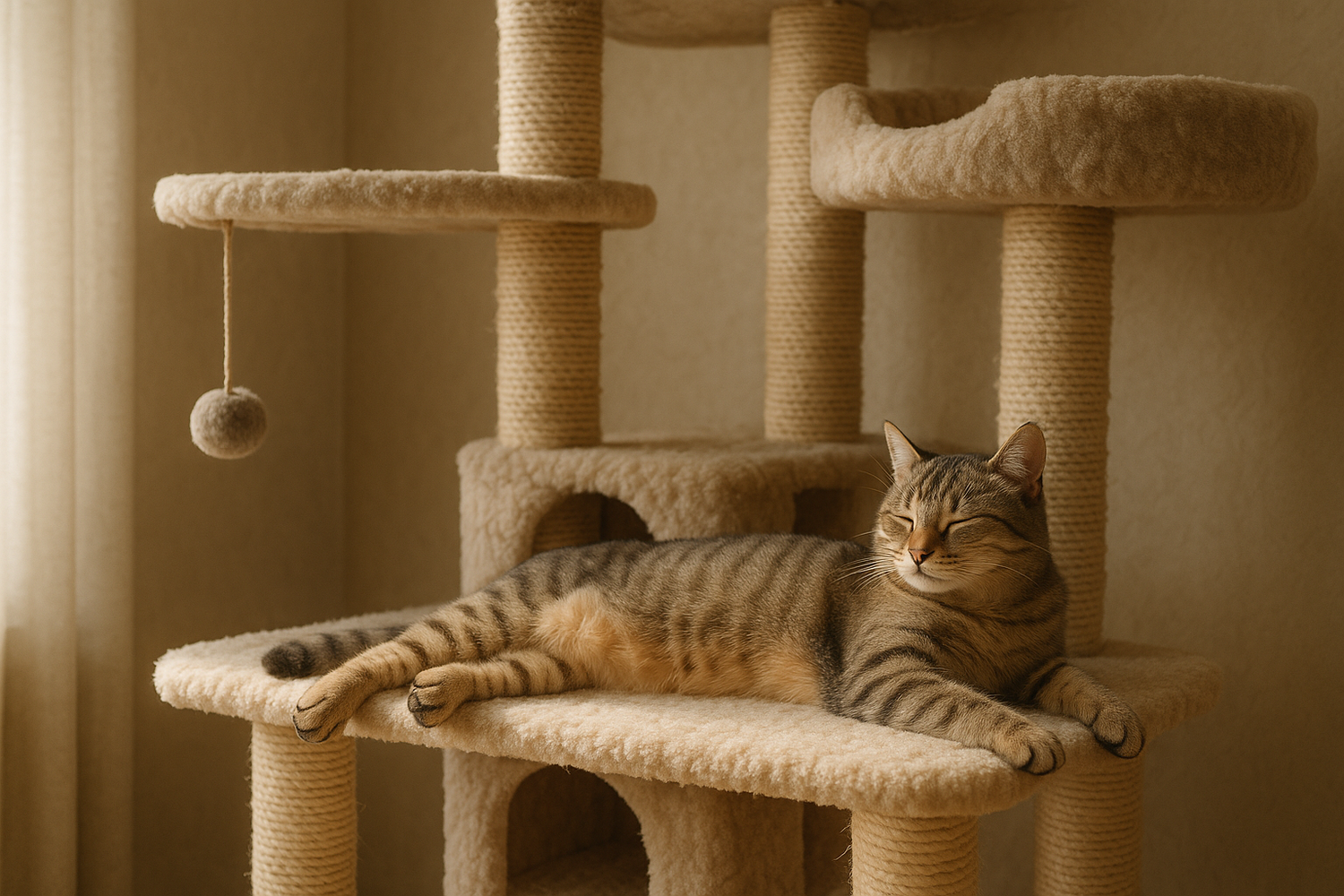 cat laying in a cat tree 