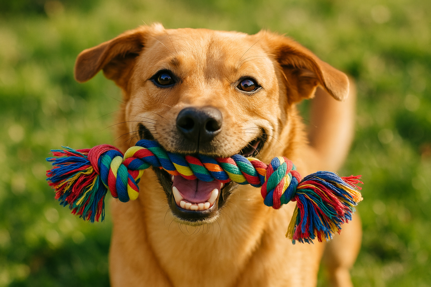 dog with a rope toy in its mouth